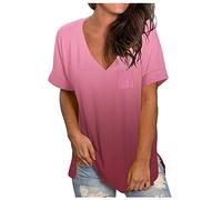 T Shirt mit V Ausschnitt für Damen Kurzarm Hemden Farbverlauf Oberteil Sweatshirt mit Taschen Damen Pullover Druck T Shirt Weinrot Damenmode lässig lockeres T Shirt