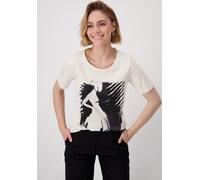 T-Shirt MONARI "Shirt Lackdruck", Damen, Gr. 38, beige (beige schwarz), Web, Obermaterial: 50% Baumwolle, 50% Modal, bedruckt, gemustert, mehrfarbig, regular fit normal, Rundhals, eingesetzt abgestepp