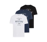 T-Shirt MUSTANG "Style Alex 3-Pack", Herren, Gr. XL, weiß, blau, schwarz, Jersey, Obermaterial: 100% Baumwolle, bedruckt, regular fit normal, Rundhals, Shirts T-Shirt, mit plakativem Druck (17391606-X