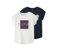 T-Shirt NAME IT "NKFVIGEA 2P CAPSL TOP J", Mädchen, Gr. 158/164, navy blazer pack:hellweiß, florals, Jersey, Obermaterial: 100% Baumwolle, bedruckt, regular fit normal, Rundhals, Shirts T-Shirt, Baumw