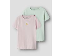 T-Shirt NAME IT "NKFVIVEMMA 2P SS SLIM TOP", Mädchen, Gr. 122/128, pale aqua pack:cradle pink, Jersey, Obermaterial: 95% Baumwolle, 5% Elasthan, bestickt, slim fit normal, Rundhals, Shirts T-Shirt, Ba
