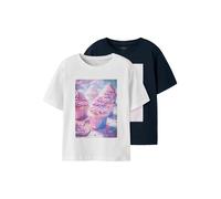T-Shirt NAME IT "NKFVOTEA 2P SS NREG TOP", Mädchen, Gr. 134/140, weiß (hellweiß pack:navy blazer, giraffe), Jersey, Obermaterial: 100% Baumwolle, bedruckt, regular fit normal, Rundhals, Shirts T-Shirt