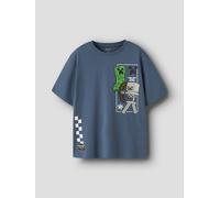 T-Shirt NAME IT "NKMJUN MINECRAFT SS NREG TOPBOX NOOS BIO", Jungen, Gr. 158/164, blau (vintage indigo), Jersey, Obermaterial: 100% Baumwolle, bedruckt, regular fit normal, Rundhals, Shirts T-Shirt, Ba