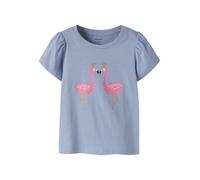T-Shirt NAME IT "NMFVIBEKE CAPSL TOP", Mädchen, Gr. 116, blau (lila impression print:flamingos), Jersey, Obermaterial: 100% Baumwolle, bedruckt, unifarben, normal normal, Rundhals, Shirts T-Shirt (460