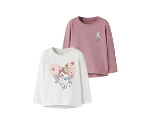 T-Shirt NAME IT "NMFVIX 2P LS TOP", Mädchen, Gr. 98, hellweiß pack:lilas unicorn, Jersey, Obermaterial: 95% Baumwolle, 5% Elasthan, bedruckt, regular fit normal, Rundhals, Shirts T-Shirt, Baumwollmisc