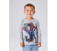 T-Shirt NAME IT "NMMDEEP SPIDER LS NREG TOP BOX NOOS MAR", Jungen, Gr. 122/128, grau (grau melange), Jersey, Obermaterial: 95% Baumwolle, 5% Elasthan, bedruckt, meliert, unifarben, Basic normal, Rundh