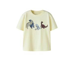 T-Shirt NAME IT "NMMVICTOR SS NREG TOP", Mädchen, Gr. 92, gelb (pear sorbet print:dino playing), Jersey, Obermaterial: 100% Baumwolle, bedruckt, normal normal, Rundhals, Shirts T-Shirt (98612845-92) p
