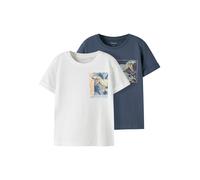 T-Shirt NAME IT "NMMVUX 2P SS TOP", Mädchen, Gr. 98, bunt (vintage indigo pack:hellweiß), Jersey, Obermaterial: 95% Baumwolle, 5% Elasthan, bedruckt, normal normal, Rundhals, Shirts T-Shirt, Baumwollm