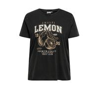 T-Shirt ONLY CARMAKOMA "CARLUCY LIFE REG S/S TOP JRS NOOS", Damen, Gr. M, schwarz print:fruity lemon, Jersey, Obermaterial: 100% Baumwolle, bedruckt, regular fit normal, Rundhals, Shirts T-Shirt, Baum