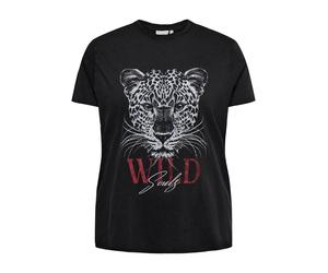 T-Shirt ONLY CARMAKOMA "CARLUCY LIFE REG S/S TOP JRS NOOS", Damen, Gr. S, schwarz print:wild soul leo, Jersey, Obermaterial: 100% Baumwolle, bedruckt, regular fit normal, Rundhals, Shirts T-Shirt, Bau