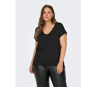 T-Shirt ONLY CARMAKOMA "CARMOSTER S/S LACE V-NECK TOP JRS", Damen, Gr. M, schwarz, Jersey, Obermaterial: 75% Viskose, 20% Polyester, 5% Elasthan, unifarben, regular fit normal, V-Ausschnitt, Shirts T-