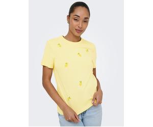 T-Shirt ONLY "ONLKITA S/S PEARL TOP BOX JRS", Damen, Gr. M, sunlight aop:lemon, Jersey, Obermaterial: 100% Baumwolle, bedruckt, regular fit normal, Rundhals, Shirts T-Shirt, Baumwolle, regular fit, Ru