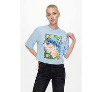 T-Shirt ONLY "ONLVEGA NEW S/S VIBE TOP BOX JRS", Damen, Gr. M, blau (winter sky print:amalfi), Jersey, Obermaterial: 100% Baumwolle, bedruckt, regular fit normal, Rundhals, Shirts T-Shirt, Baumwolle,