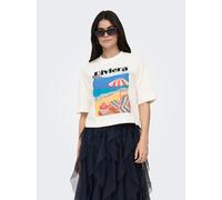 T-Shirt ONLY "ONLVEGA NEW S/S VIBE TOP BOX JRS", Damen, Gr. XS, cloud dancer print:riviera, Jersey, Obermaterial: 100% Baumwolle, bedruckt, regular fit normal, Rundhals, Shirts T-Shirt, Baumwolle, reg