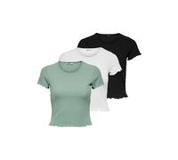 ONLY Damen T-Shirt 3er Pack - ONLEMMA SHORT TOP, Rundhals, Cropped, gerippt, einfarbig Weiß/Schwarz/Hellgrün L