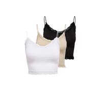 ONLY Damen Cropped-Top 3er Pack - ONLVICKY LACE SEAMLESS CROPPED TOP, Trägertop, Spitze Schwarz/Weiß/Beige L/XL