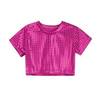 T-Shirt Pailletten Kinder Unisex Karneval Metallic Glänzend Tanzshirt Locker Rundhals Oberteil Glitzernd Metallic Shirt Kurz Bühnenkostüme Streetwear-Mode Top Für Jungen Mädchen Rosa Schwarz 128 140