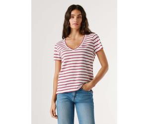 T-Shirt PEPE JEANS "basic t-shirt MEGAN V NECK STRIPED", Damen, Gr. M, rot (antique weiß), 48.5% Baumwolle, 48.5% Leinen, 1.5% Nylon, 1.5% Metalllic Yarn, Shirts T-Shirt (25752968-M) antique weiß