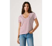 T-Shirt PEPE JEANS "basic t-shirt MEGAN V NECK STRIPED", Damen, Gr. S, rot (antique weiß), 48.5% Baumwolle, 48.5% Leinen, 1.5% Nylon, 1.5% Metalllic Yarn, Shirts T-Shirt (25752968-S) antique weiß