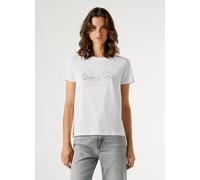 T-Shirt PEPE JEANS "BRADY", Damen, Gr. XL, weiß (800weiß), Single Jersey, Obermaterial: 100% Baumwolle, normal, Rundhals, abgesteppte Kante, Shirts T-Shirt, mit Rundhals, Nietenapplikation (73943939-X