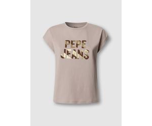 T-Shirt PEPE JEANS "CATALINA", Damen, Gr. M, beige (cloudy pink), Single Jersey, Obermaterial: 100% Baumwolle, bedruckt, regular fit hüftbedeckend, Rundhals, abgesteppte Kante, Shirts T-Shirt, aus Bau