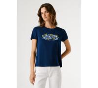 T-Shirt PEPE JEANS "MAHINA", Damen, Gr. XL, deep sea blau, Single Jersey, Obermaterial: 100% Baumwolle, bedruckt, regular fit hüftlang, Rundhals, Shirts T-Shirt, mit floralem Print (40875641-XL) deep