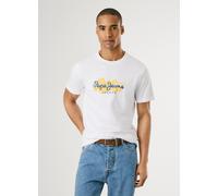 T-Shirt PEPE JEANS "MILTON TEE", Herren, Gr. L, weiß (800weiß), Jersey, Obermaterial: 100% Baumwolle, bedruckt, casual, Rundhals, Kurzarm abgesteppte Kante, Shirts, mit Logoprint vorn (96637627-L) 800