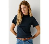 T-Shirt PEPE JEANS "NORA", Damen, Gr. XS, dulwich blau, Feinripp, Obermaterial: 95% Baumwolle, 5% Elasthan, unifarben, figurbetont hüftlang, hoch geschlossener Ausschnitt, gewellter Abschluss, Shirts