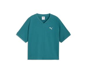 T-Shirt PUMA "CLASS RELAXED PINNACLE TEE", Damen, Gr. S, emerald ice, Netz, Obermaterial: 60% Baumwolle, 40% Polyester, unifarben, relaxed fit normal, Shirts T-Shirt, Kurzarm, für sportliche Aktivität