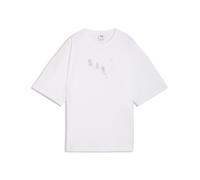 T-Shirt PUMA "Essentials Graphics Bedazzled Oversized T-Shirt Damen", Damen, Gr. M, weiß, Obermaterial: 100% Baumwolle. Rippe: 20% Polyester, 80% Baumwolle, oversize, Rundhals, Shirts T-Shirt (7325786