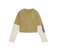 T-Shirt PUMA "MID 90s Relaxed Layered Cropped Langarmshirt Mädchen", Kinder, Gr. 164, chai latte braun, Obermaterial: 100% Baumwolle. Rippe: 80% Baumwolle, 20% Polyester, bedruckt, relaxed fit, Rundha