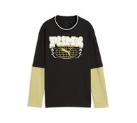 T-Shirt PUMA "MID 90s Relaxed Layered Langarmshirt Jungen", Kinder, Gr. 140, schwarz, Obermaterial: 70% Baumwolle, 30% Polyester. Rippe: 70% Baumwolle, 30% Polyester, bedruckt, relaxed fit, Rundhals,