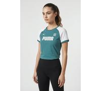 T-Shirt PUMA "SPORT RINGERTEE", Damen, Gr. S, grün (emerald ice), Jersey, Obermaterial: 100% Baumwolle, unifarben, slim fit normal, Rundhals, Shirts T-Shirt, Slim Fit Passform, Kurzarm, Rundhalsaussch