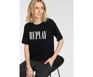 T-Shirt REPLAY, Damen, Gr. L, schwarz, Single Jersey, Obermaterial: 100% Baumwolle, bedruckt, unifarben, regular fit normal, Rundhals, abgesteppte Kante, Shirts T-Shirt, aus Baumwolle, Rundhals (34046