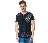 T-Shirt Herren Verwaschen Used Look Seitlicher Logo Print Rundhals mit Knopfleiste V-Neck Optik 240, Farbe:Schwarz, Größe S-3XL:5XL