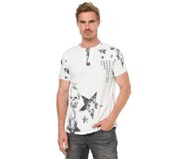 T-Shirt Herren Vintage-Washed Rundhals-Henley-Shirt Printed Casual-Fit Knopfleiste Verwaschen Streetwear Kurzarm-T-Shirt 290, Farbe:Weiß, Größe S-3XL:S