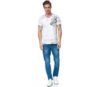 T-Shirt Herren Verwaschen Used Look Seitlicher Logo Print Rundhals mit Knopfleiste V-Neck Optik 240, Farbe:Weiß, Größe S-3XL:XXL