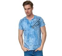 T-Shirt Herren Verwaschen Used Look Seitlicher Logo Print Rundhals mit Knopfleiste V-Neck Optik 240, Farbe:Blau, Größe S-3XL:5XL