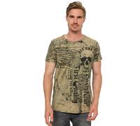 Herren T-Shirt Verwaschen mit Plakativem Print 'Flying-Skull' Stretch-Shirt Streetwear-Finest mit Seitlicher-Knopfleiste 296, Farbe:Khaki, Größe S-3XL:XXL