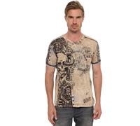 Rusty Neal Herren T-Shirt All Over Skull X Snake X Rose Print Wildleder-Band Knopf-Verzierung V-Neck Stretch Streetwear Used-Look Shirt 293, Farbe:Olive, Größe S-3XL:S
