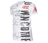 T-Shirt 'Rusty Neal' V-Neck mit Knopfleiste Verwaschen & Bedruckt Plakativer Seitlicher Logo Print Kurzarm 271, Farbe:Weiß, Größe:XL