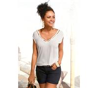 T-Shirt S.OLIVER, Damen, Gr. 36/38, beige (creme), Jersey, Obermaterial: 100% Viskose, unifarben, figurumspielend hüftlang, V-Ausschnitt, Shirts T-Shirt, mit Zierbändern am Ausschnitt, Kurzarmshirt, s
