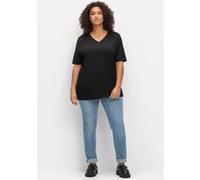 Kurzarmshirt SHEEGO "T-Shirt", Damen, Gr. 48/50, schwarz, 50% Baumwolle, 50% Modal, unifarben, V-Ausschnitt, Shirts (91483160-48) schwarz