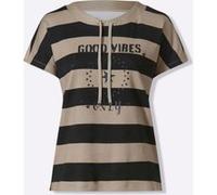 T-Shirt HEINE "Shirt", Damen, Gr. 38, schwarz, sesam, geringelt, 100% Baumwolle, bedruckt, gemustert, gestreift, mehrfarbig, Rundhals, Shirts T-Shirt (91449229-38) schwarz, sesam, geringelt