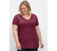T-Shirt SHEEGO "T-Shirt", Damen, Gr. 44/46, bordeaux, 100% Baumwolle, unifarben, V-Ausschnitt, Shirts T-Shirt (91061133-44) bordeaux