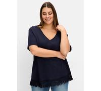 T-Shirt SHEEGO "T-Shirt", Damen, Gr. 48/50, blau (tiefblau), 50% Baumwolle, 50% Viskose, unifarben, V-Ausschnitt, Shirts T-Shirt (78843516-48) tiefblau