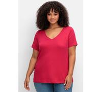 T-Shirt SHEEGO "T-Shirt", Damen, Gr. 48/50, pink (sorbet pink), 100% Baumwolle, unifarben, V-Ausschnitt, Shirts T-Shirt (68238529-48) sorbet pink