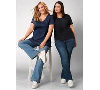 T-Shirt SHEEGO "T-Shirt", Damen, Gr. 52/54, blau (marine), 100% Baumwolle, unifarben, V-Ausschnitt, Shirts T-Shirt (83907462-52) marine