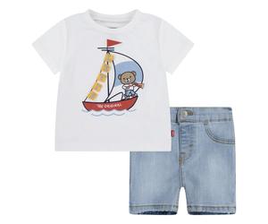 T-Shirt & Shorts LEVI'S KIDS "LVB LEVI 3D SAILING DENIM SET", Mädchen, Gr. 6M68, weiß (hellweiß), Obermaterial: 60% Baumwolle, 40% Polyester. Obermaterial Hose: 54% Baumwolle, 27% Polyester, 17% Visko