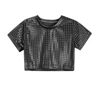 T-Shirt Silber Metallic Kinder Karneval Pailletten Shirt Mädchen Jungen 70er 80er Glänzend Top Kurz Rundhals Hip Hop Jazz Festival Performance Fasching Party Tanzkleidung Oberteil Gelb Orange 122 134